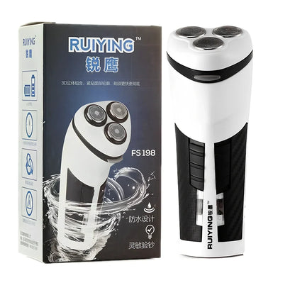 Ruiying cordless electric shaver with built-in body wash dispenser showing rubberised grip and 3D floating heads
