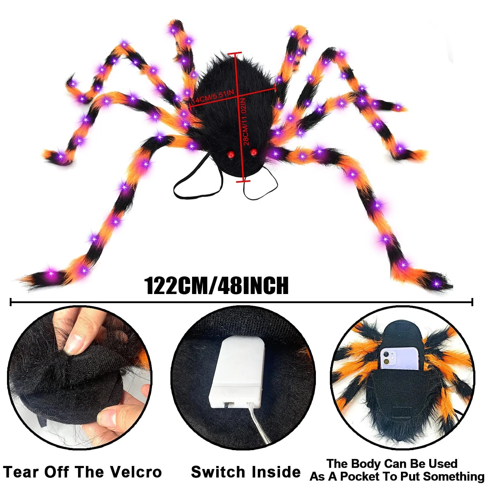 Halloween spider backpack with LED lights in plush material, available in multiple sizes and colours