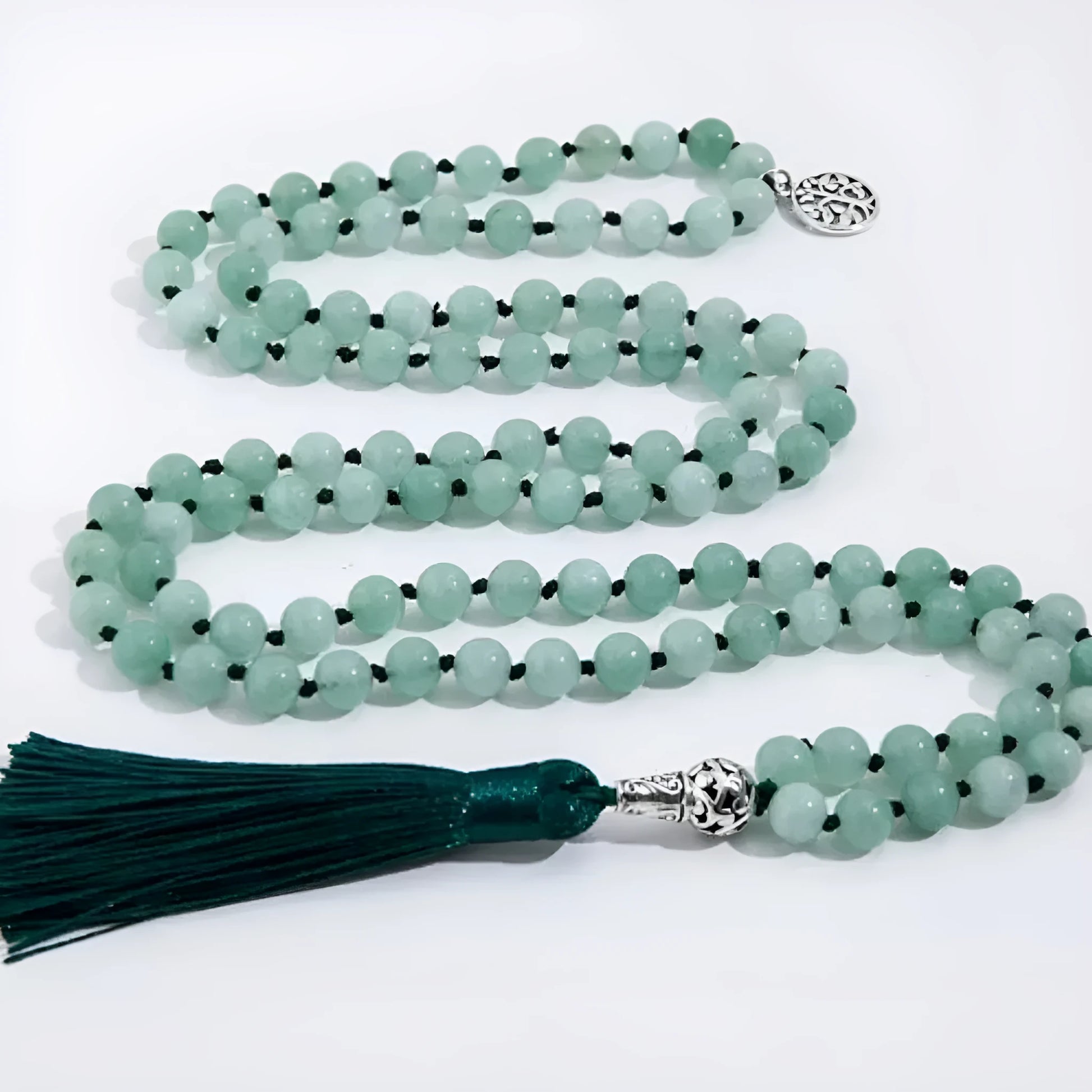 Handmade knotted beaded necklace with 108 natural stone beads in various colours.