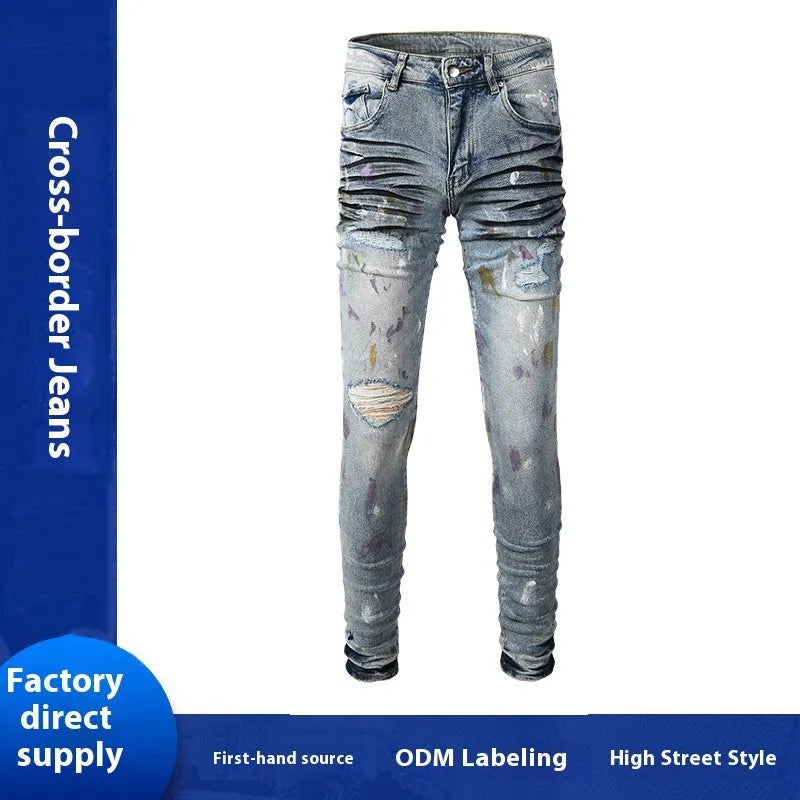 Men's light blue ripped slim fit jeans with tapered leg, double layer belt and zipper fly, sizes 28-40.