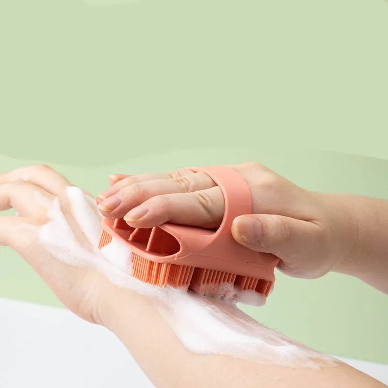 Silicone scalp massager brush with extra-long bristles and ergonomic handle in multiple colours
