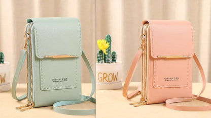 Women's messenger touch screen phone bag in solid colors with diamond decorative elements