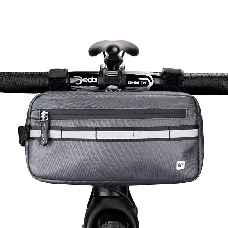 Rhino multifunctional bicycle front handle bag in black, grey, and blue