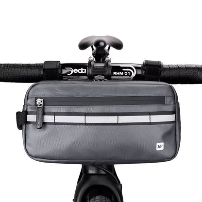 Rhino multifunctional bicycle front handle bag in black, grey, and blue
