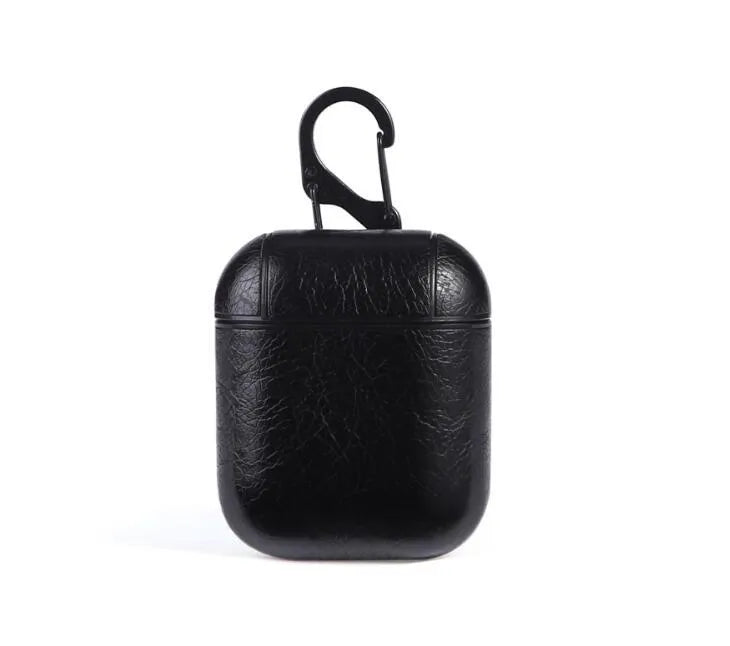 Genuine leather AirPods protective case in black with visible charging cable storage pocket