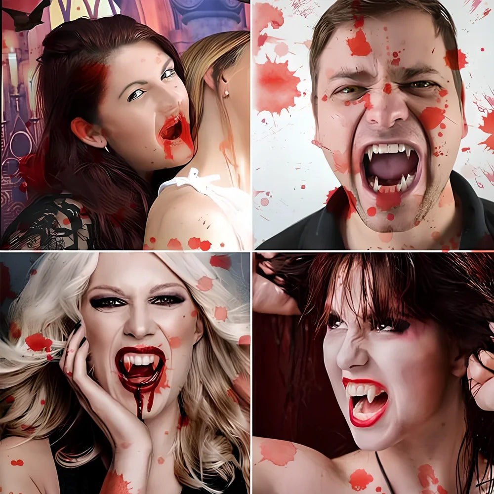 Retractable vampire teeth showing extended 2cm fangs with spring mechanism