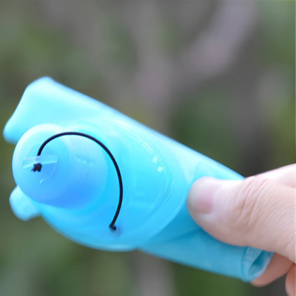 Sky blue folding TPU sports water bottle, 500ml capacity, leak-proof cap, collapsed view for portability