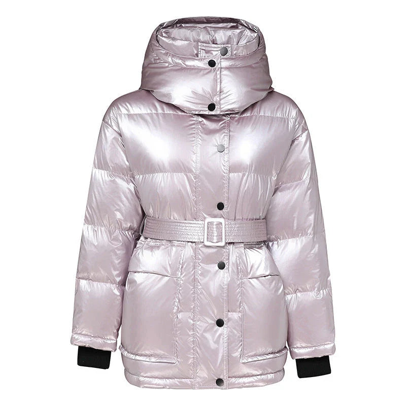 Stylish hooded down jacket for fashionable women in shimmery silver, black, and pink colors