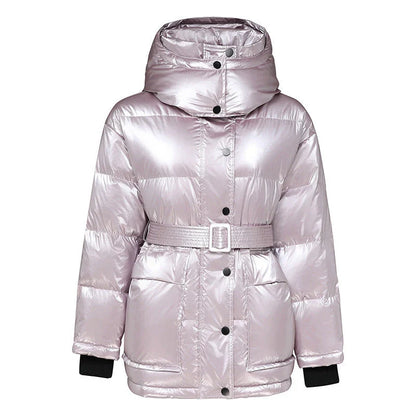 Stylish hooded down jacket for fashionable women in shimmery silver, black, and pink colors
