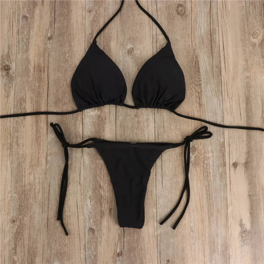 Adjustable halterneck bikini set with lace-up detail in various colors