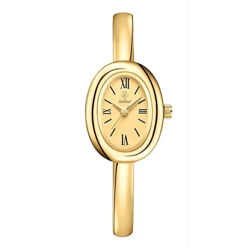 Women's oval retro quartz watch in gold colour with slim 8mm case thickness