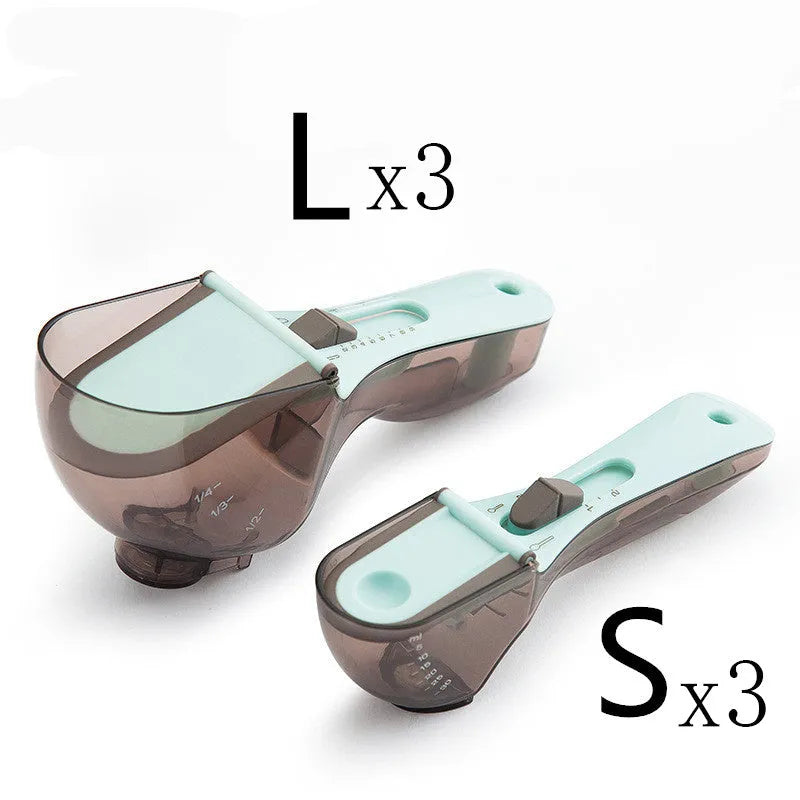 Orange and blue digital measuring spoon set showing measurement units and ergonomic handle.
