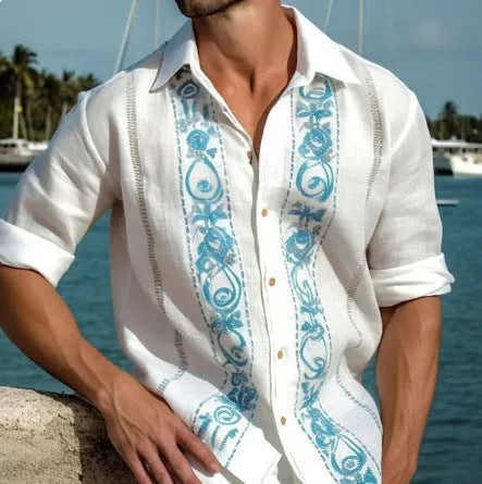 Men's casual long sleeve shirt with unique totem print, available in multiple colors and sizes.