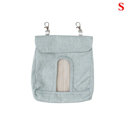 Versatile cloth feeding bags for small pets like rabbits, guinea pigs, hamsters, and chinchillas, available in grey and blue colors in small, medium, and large sizes