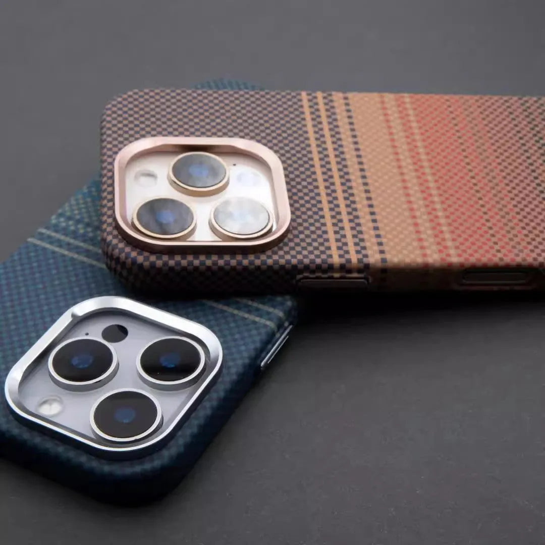 Kevlar magnetic phone case in Sunset Gold or Moon Blue, all-inclusive PC cover for iPhone 13 to 16 Pro Max