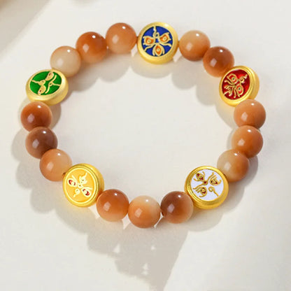 Yellow bodhi seed bracelet with five-direction geometric pattern, adjustable 14-17 inch length