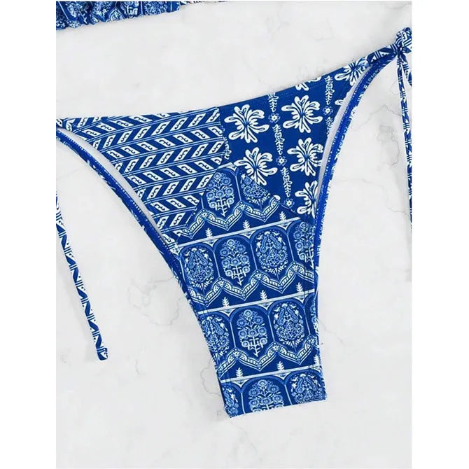 Women's bandage swimsuit with split bikini printing and stitching detail in polyester fabric