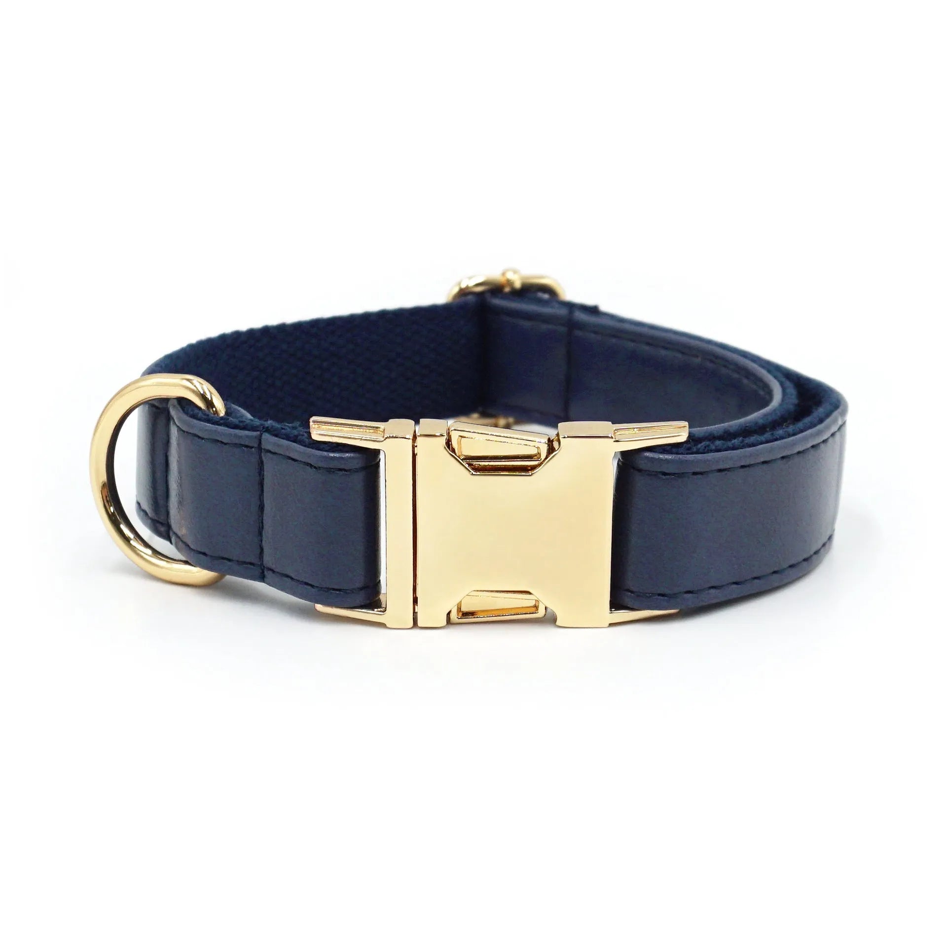 Velvet leather dog collar with colour block design showing buckle fastening in available colour options