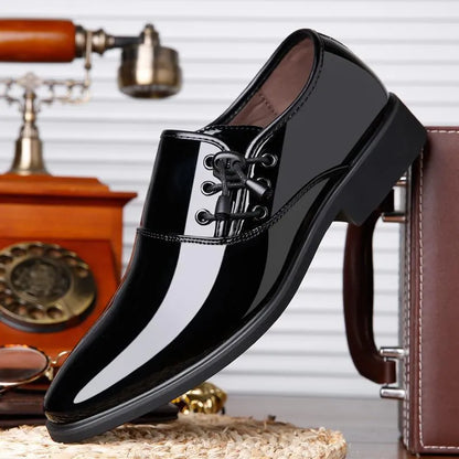 Men's black and brown formal business shoes with round toe, square heel and rubber sole