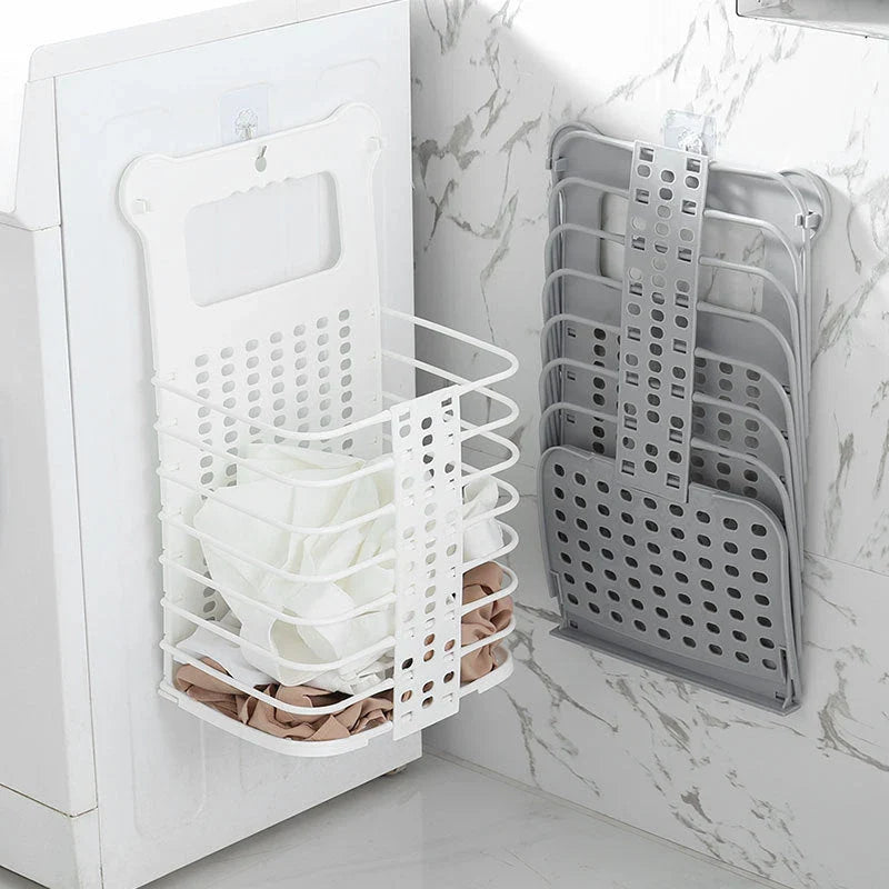 Foldable laundry basket made of sturdy polypropylene material, featuring hooks for wall-mounting and a collapsible design for compact storage.