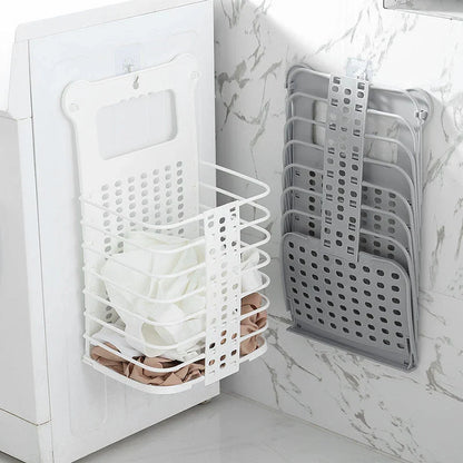 Foldable laundry basket made of sturdy polypropylene material, featuring hooks for wall-mounting and a collapsible design for compact storage.