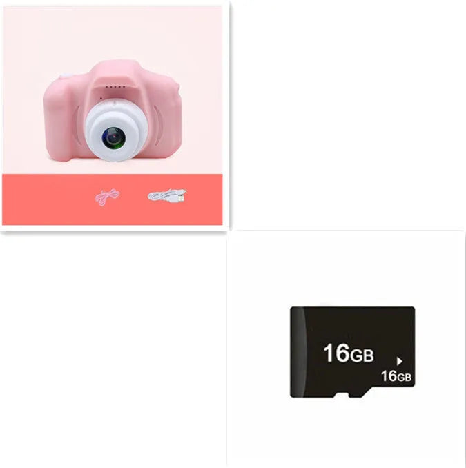 Colourful kids digital camera with silicone case showing 2-inch screen and lens.