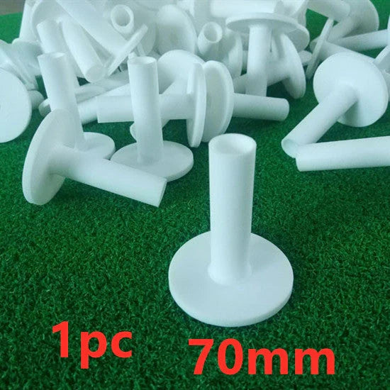 Premium white golf tees with adjustable heights ranging from 42mm to 80mm, presented in a 5-piece set for convenient use on the driving range or golf course
