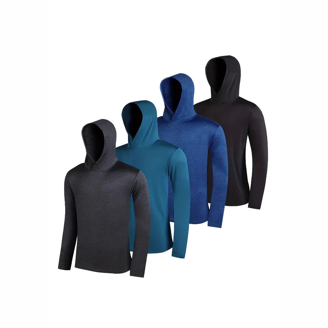 Set of four grey men's lightweight polyester hoodies folded, showing hooded and non-hooded styles.