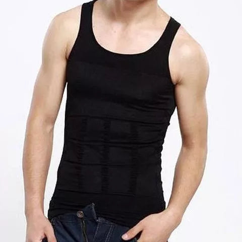Men's body shaping vest in black or white, U-neck design, sizes M to XXL