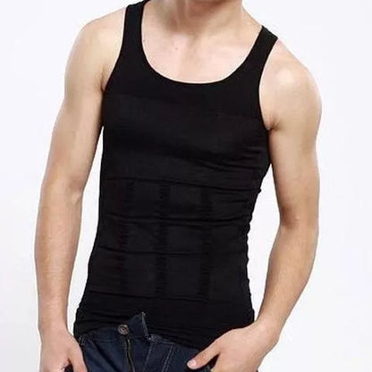Men's body shaping vest in black or white, U-neck design, sizes M to XXL