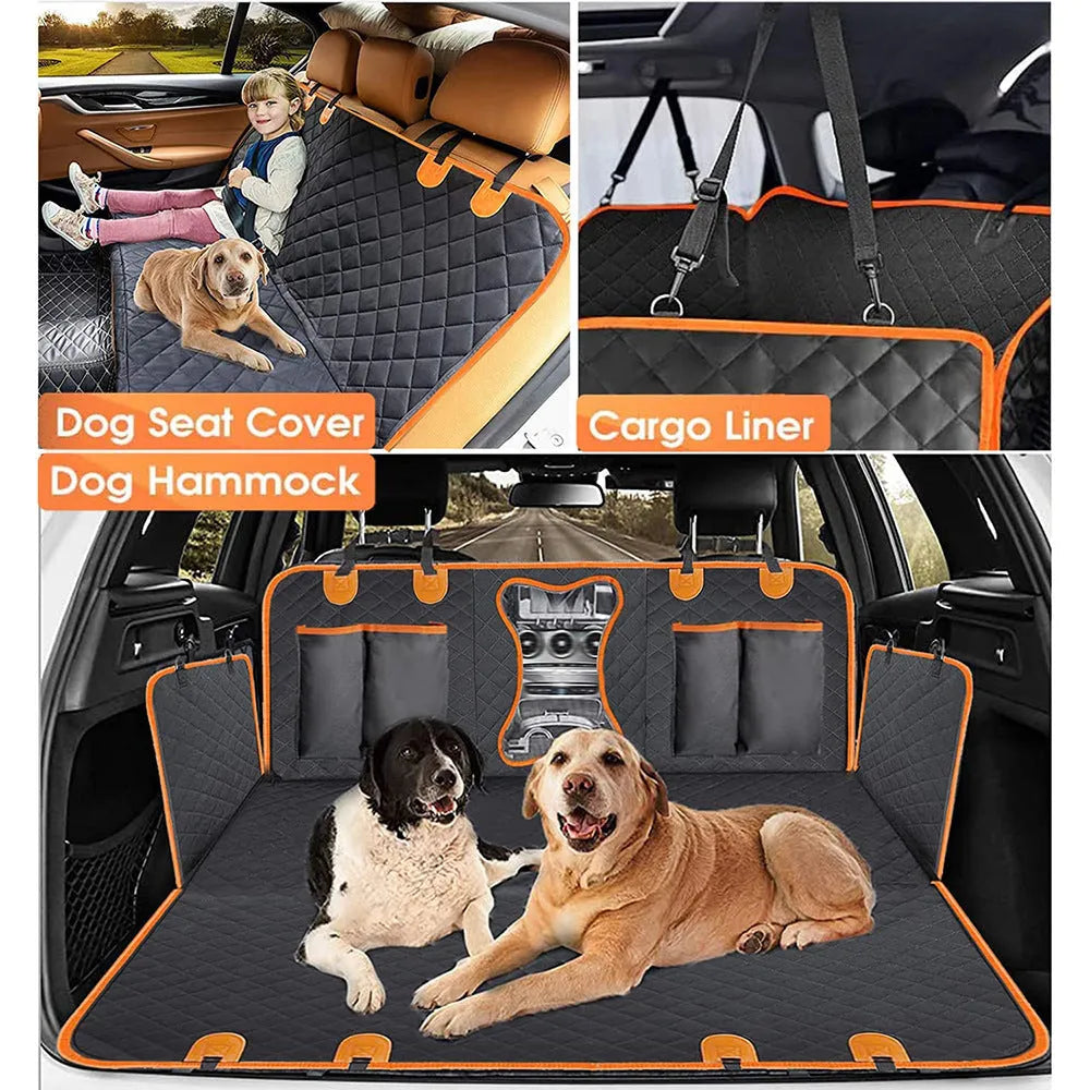 Black and orange edge waterproof dog car seat mat measuring 147x137cm with mesh window and accessory pocket