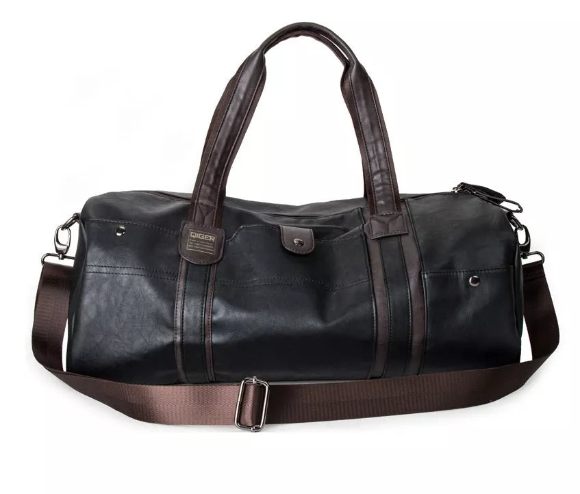 Portable Cylinder Leisure Travel Bag in blue, black, or brown with PU leather exterior