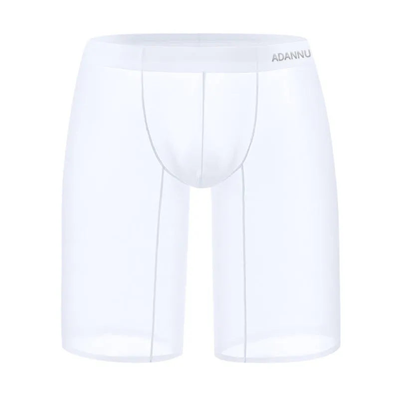 Fashion Personality men's black seamless mesh lounge shorts on a hanger, showing hip-lift design and knitted texture.