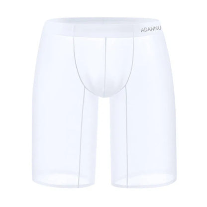 Fashion Personality men's black seamless mesh lounge shorts on a hanger, showing hip-lift design and knitted texture.