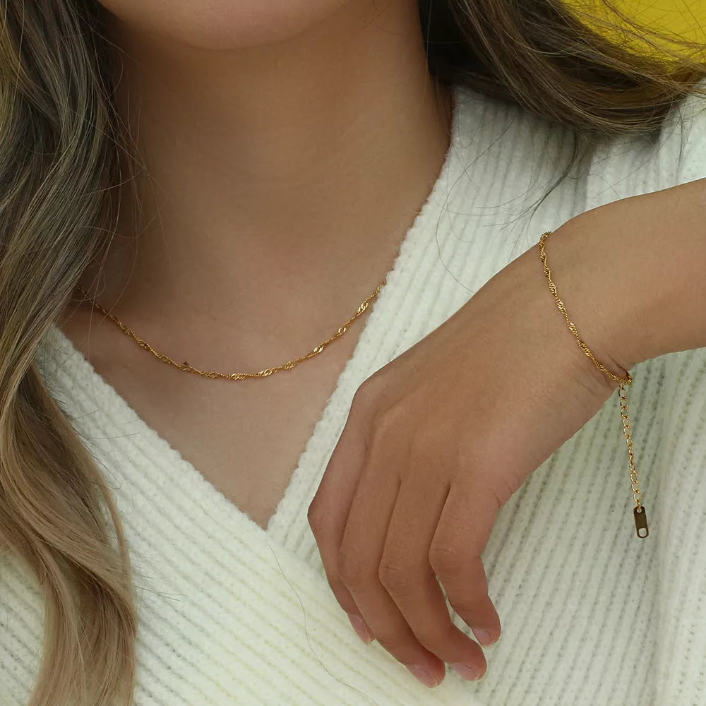 Stainless Steel Plated 18K Water Wave Chain Bracelet and Necklace Set for women