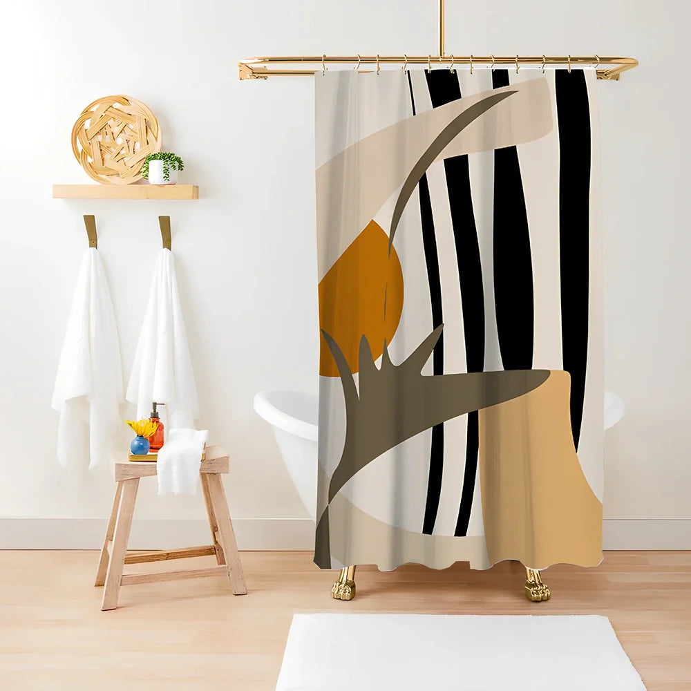 Green plant print shower curtain with waterproof polyester material in bathroom setting