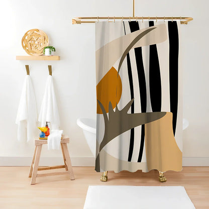 Green plant print shower curtain with waterproof polyester material in bathroom setting