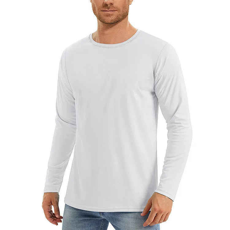 Men's long sleeve UV protection shirt in polyester fabric available in six solid colours with quick-dry properties