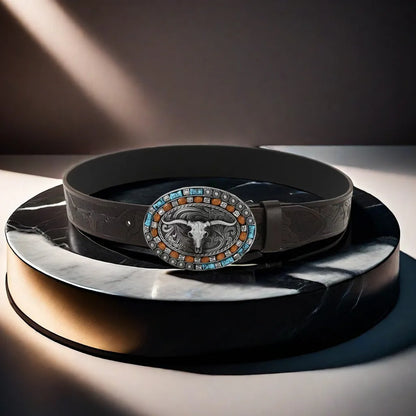 Men's brown imitation leather belt with an embossed alloy cow head pin buckle fastened on trousers.