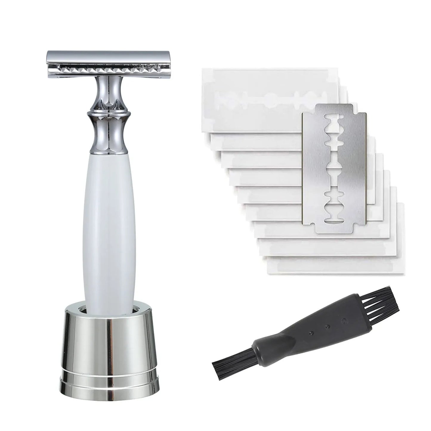 Men's manual shaving razor with olive wood handle and metal razor holder