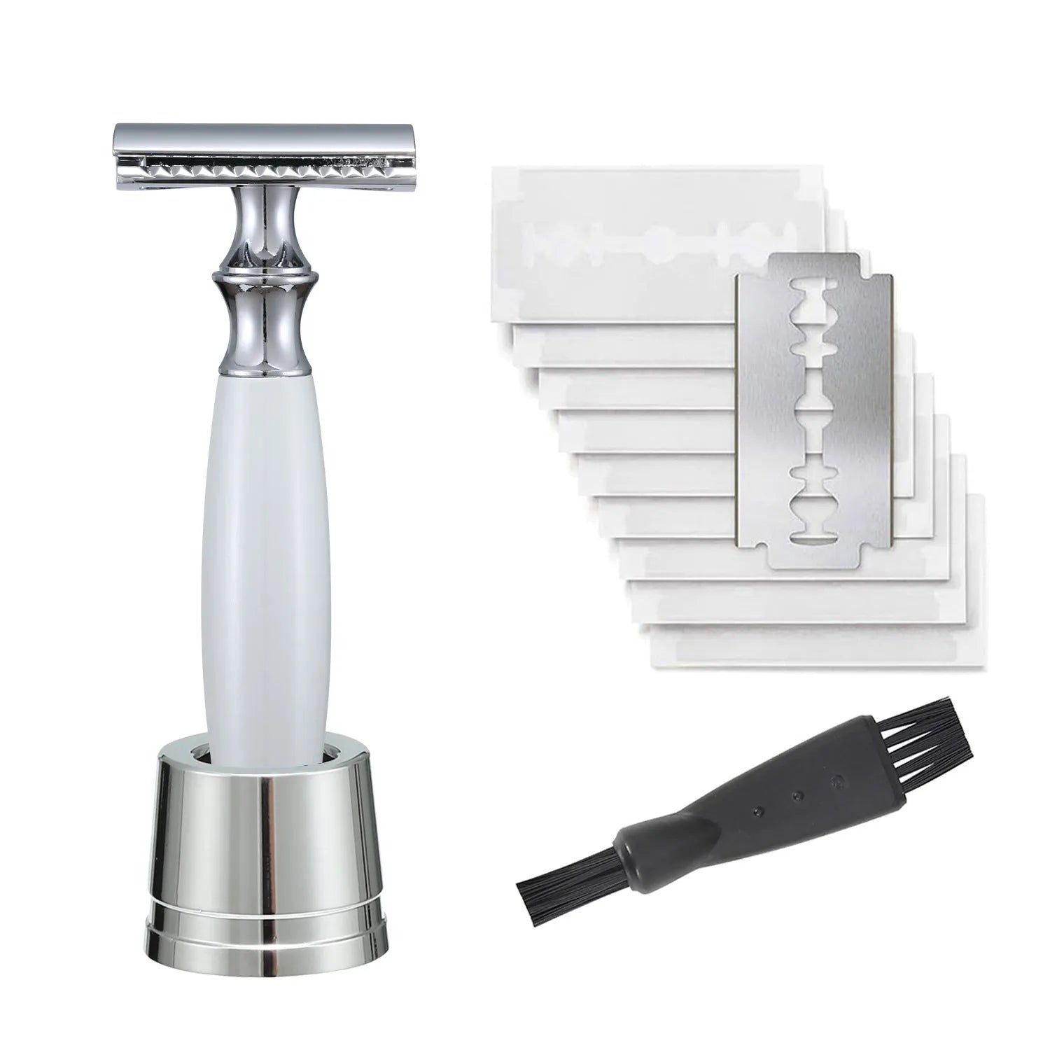 Men's manual shaving razor with olive wood handle and metal razor holder