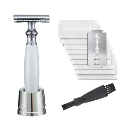 Men's manual shaving razor with olive wood handle and metal razor holder