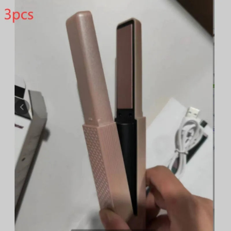 Pink and green cordless USB rechargeable mini hair straightener and curler with ceramic plates