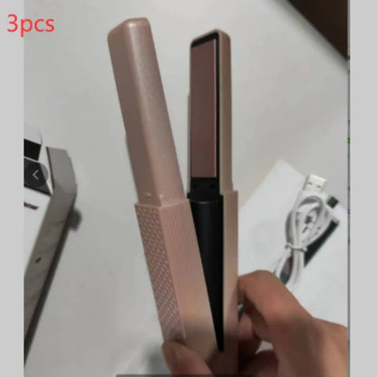 Pink and green cordless USB rechargeable mini hair straightener and curler with ceramic plates