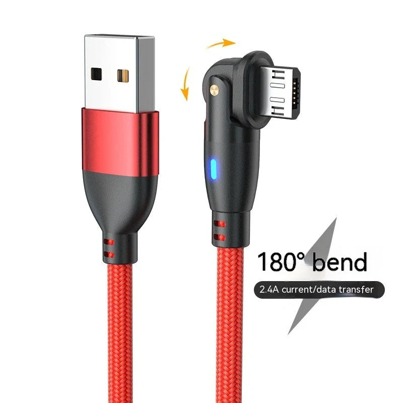 180-degree bendable fast charge USB cable in black, red, and purple