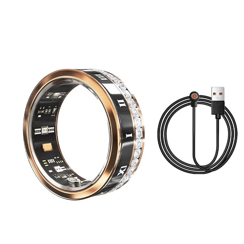 Gold and silver diamond-inlaid smart ring for blood oxygen monitoring on a finger.