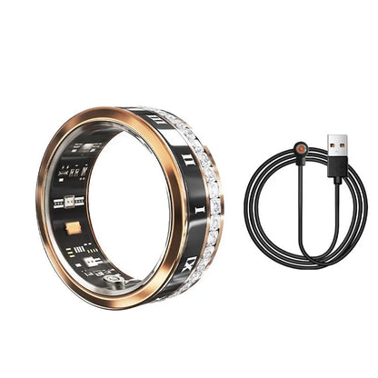 Gold and silver diamond-inlaid smart ring for blood oxygen monitoring on a finger.
