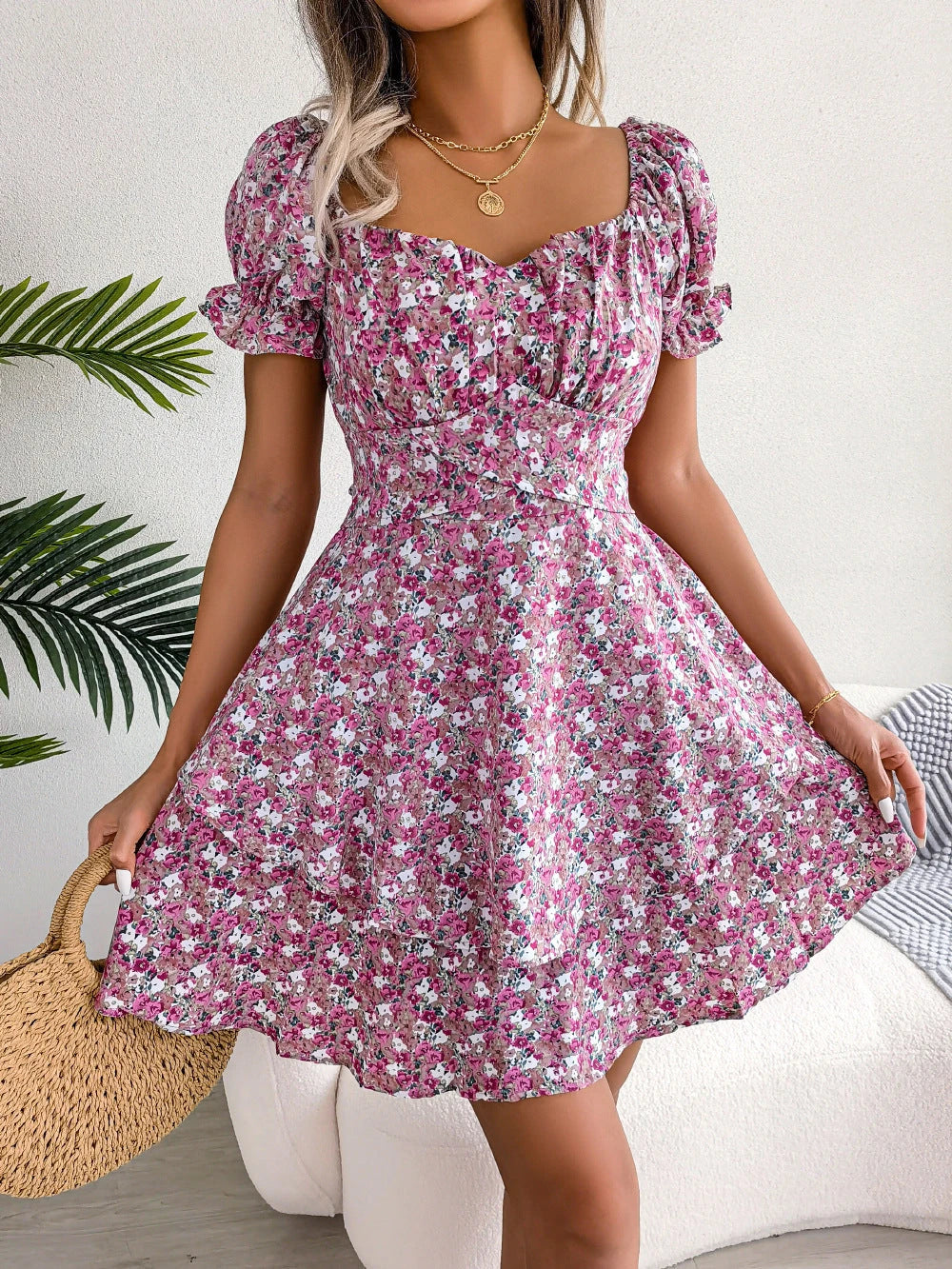 Elegant floral mini dress with A-line silhouette and short sleeves in a variety of vibrant colors