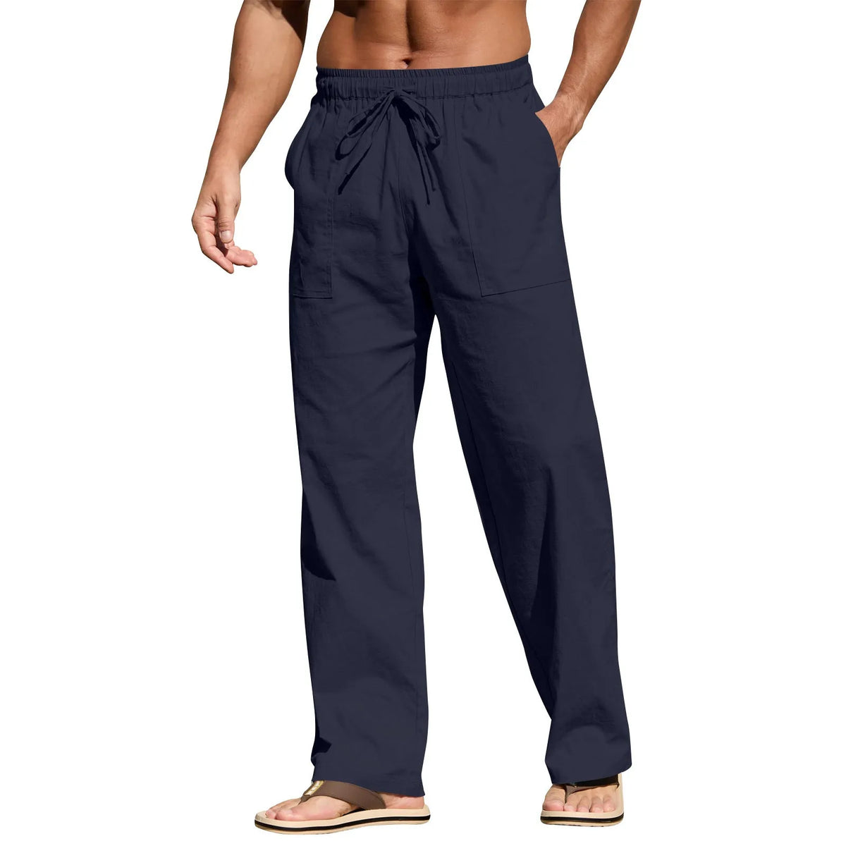Men's straight leg cotton linen beach trousers with drawstring elastic waist
