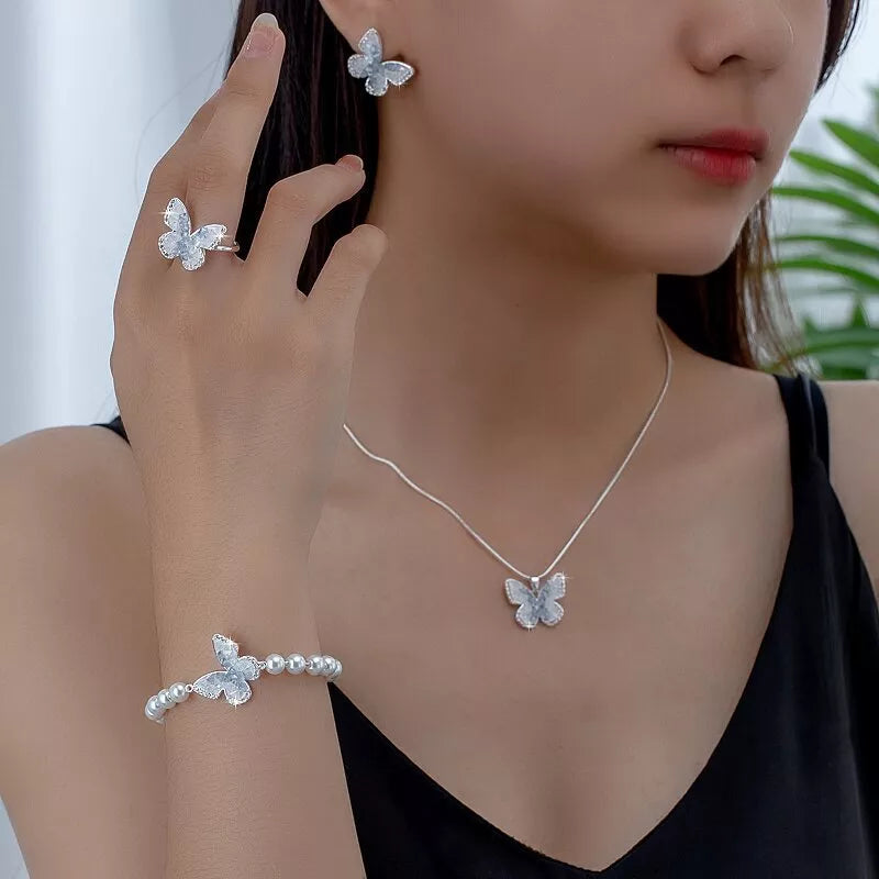 Blue Crystal Butterfly Necklace Set with gradient alloy accents and snake bones chain